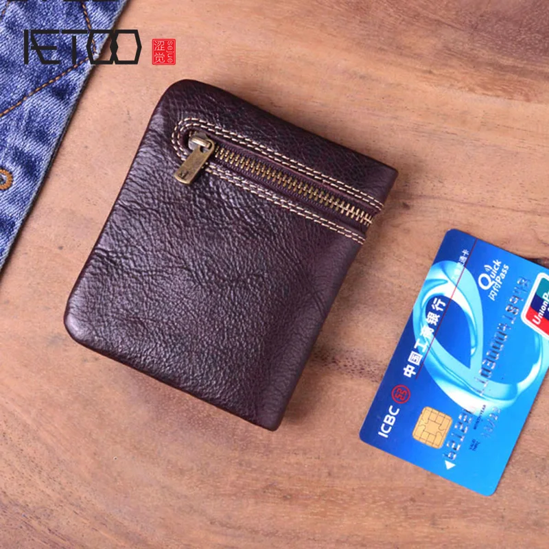 

AETOO Vintage Handmade Genuine Leather Wallet Coin Purse Men Women Zipper Real Cowhide Short Small Slim Card Holder Case Female