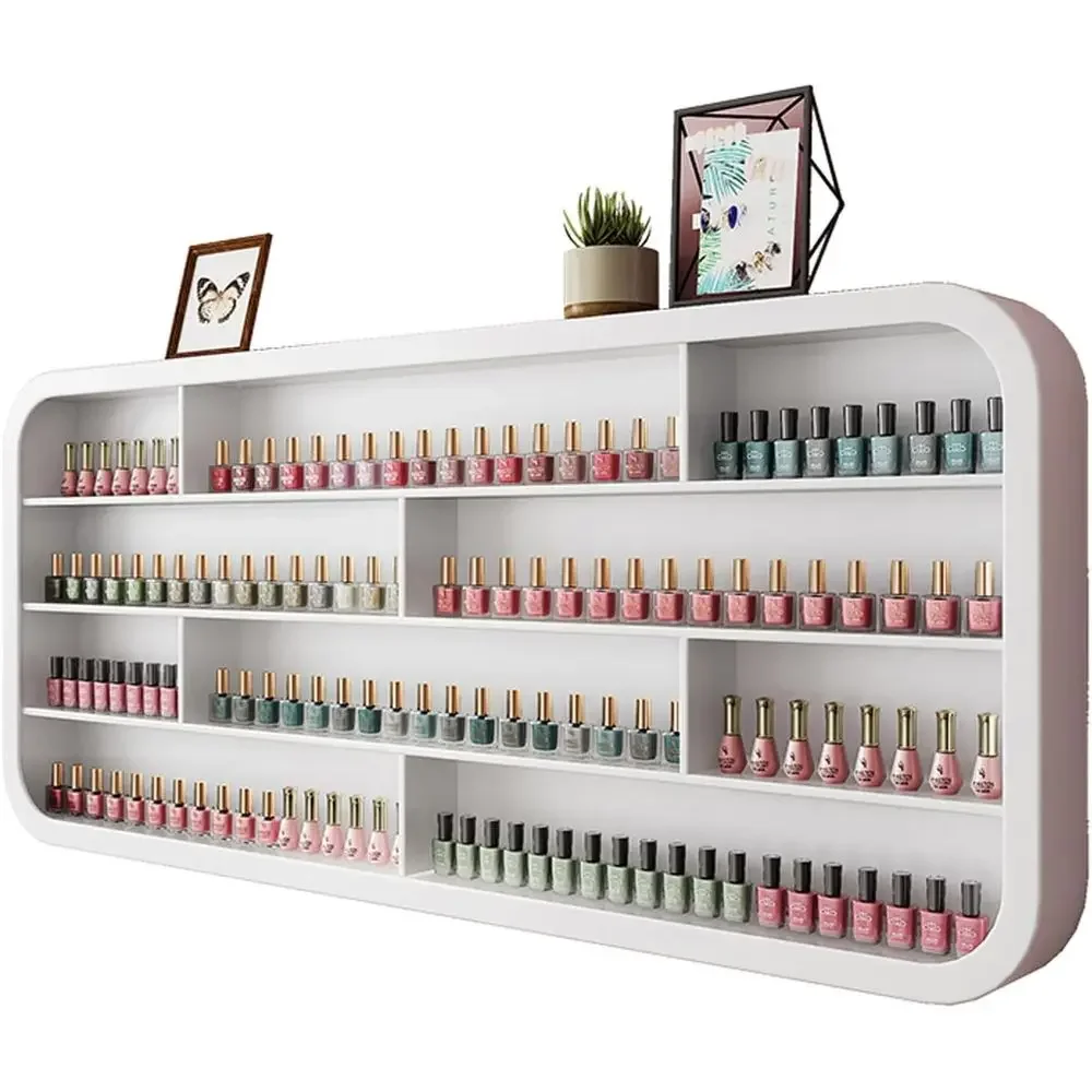 White Wooden Wall-Mounted Nail Polish Rack for Beauty and Manicure Shops