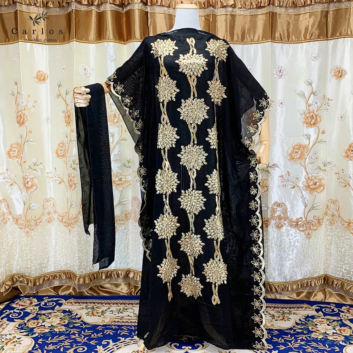 2022 New Arrival African Embroidery Flower Dresse With Scarf Big Size Women Muslim Sequin Embroidery Long Black Lady Clothes