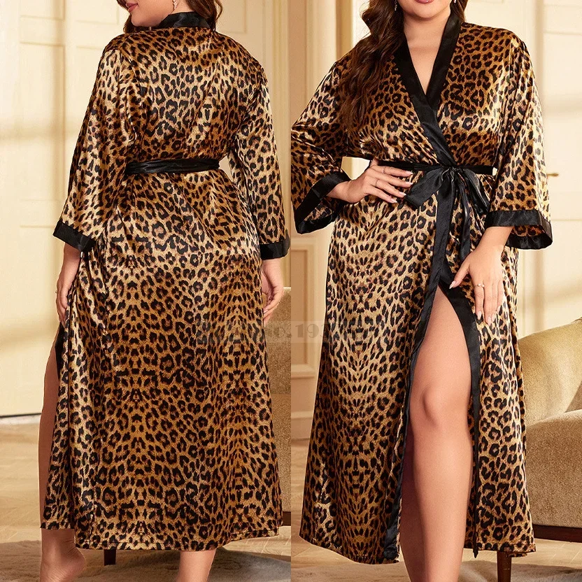 

Plus Size Sexy Leopard Kimono Bathrobe Gown Female Long Robe Nightgown Sleepwear Loose Satin Home Dress Lounge Wear 3XL 4XL 5XL