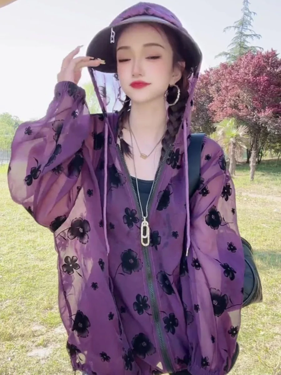 

Spring Summer 2025 New Women's Hooded Sun Protection Jaet Ele Faionable Top Korean Sle Long Sve Cardigan