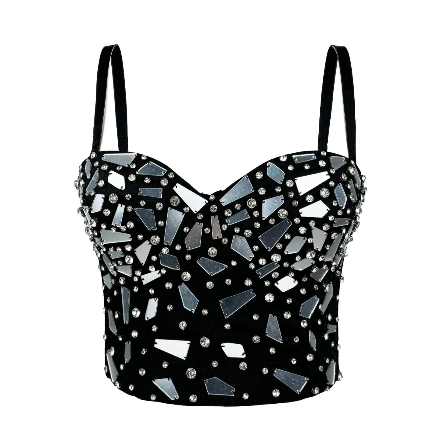 

New European and American Punk Style Heavy Industry Design Black Glass Sequined Sling Vest Wearing Fish Bone Bra Tank Top Women