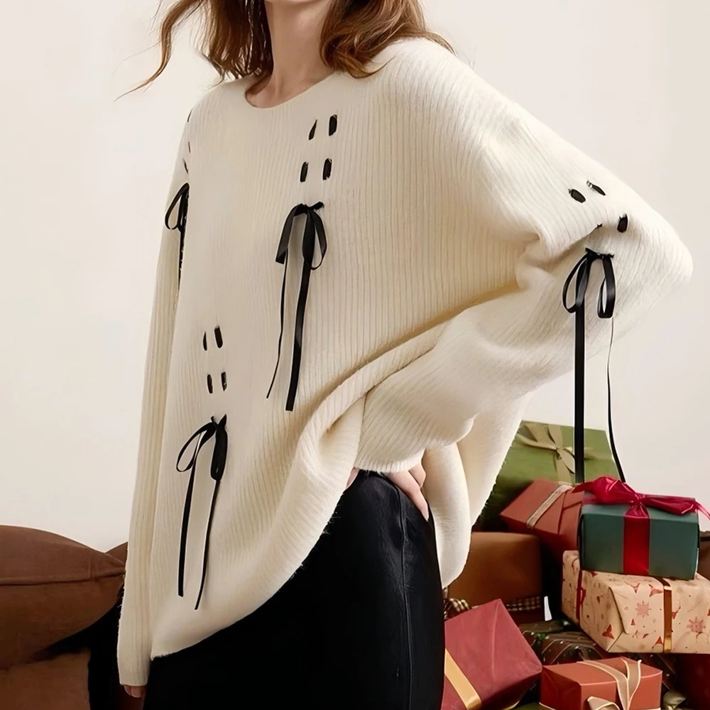 

Fashion Bow Bandage Sweater Women's Autumn Winter New Loose Thickened Pullover Design Sense Versatile Warm Knitted Top