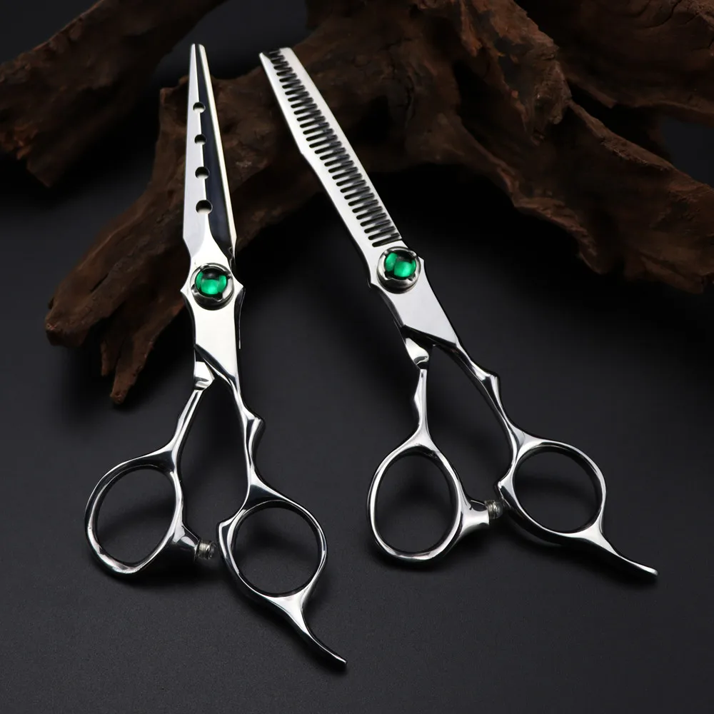 

Professional Japan 440c steel 6 '' scissor Green gem hair scissors haircut thinning barber cutting shears hairdressing scissors