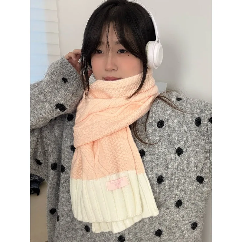 Korean Retro Color block Cable Scarf Versatile Couple Fashion Daily Cold proof Neck Warmer for Students