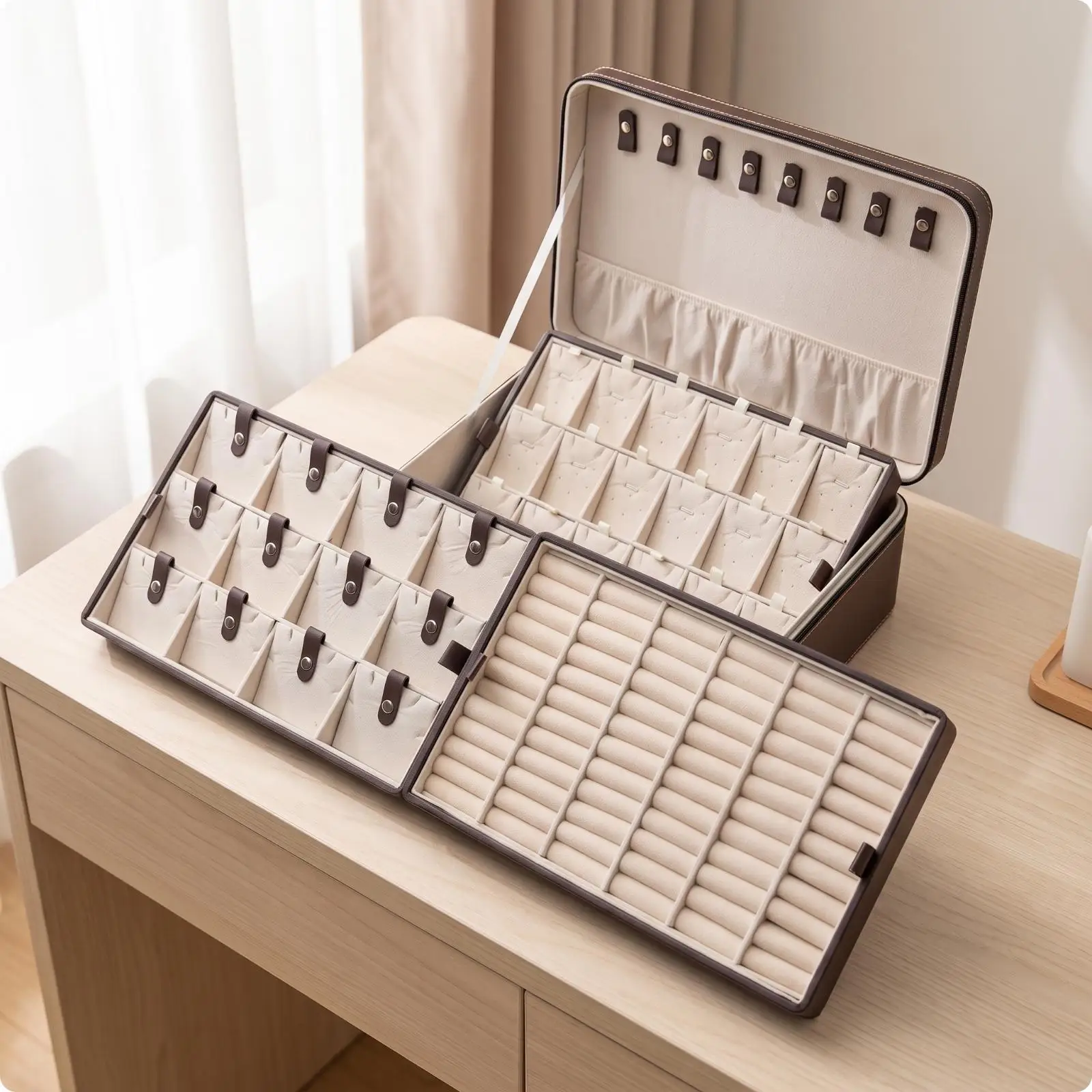 Multi Compartment Jewelry Box Organizer Tray with Velvet Interior for Necklace Ring Earring Bracelet Storage