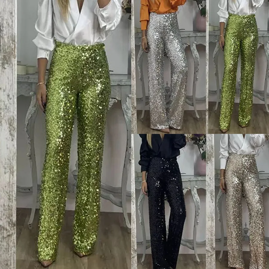 

BKLD 2024 Spring Summer New Party Shining Sequined Flare Pants Y2k Clothes Women Casual Slim Elastic Solid Color Trousers