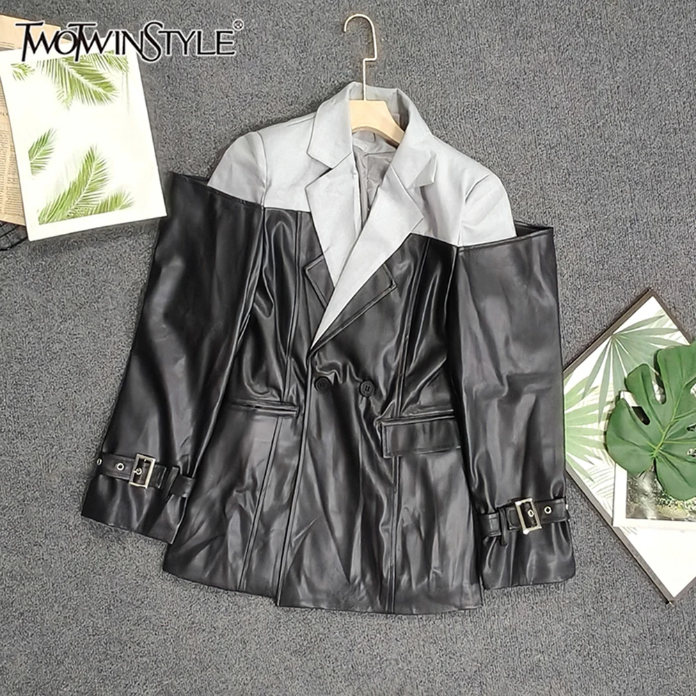 TWOTWINSTYLE Design Sense Hit Color Leather Jackets For Women V Neck Long Sleeve Autumn Party Chic Jacket Female New KJA550991