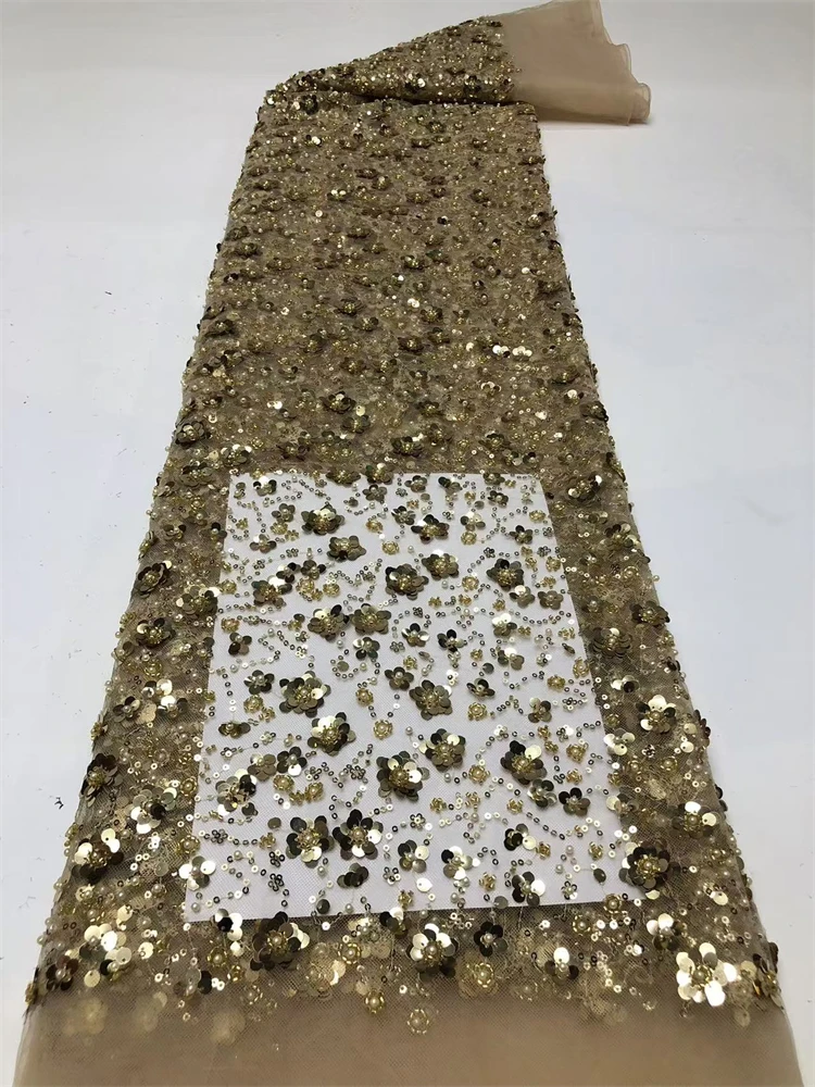 قماش دانتيل مطرز فاخر أفريقي عالي الجودة مادة قماش 5 ياردات تطريز لفساتين الحفلات قماش ترتر الزفاف