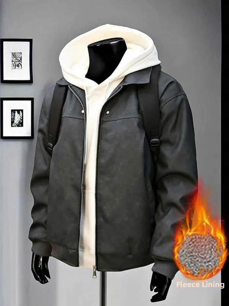 

American Retro Men's Thiened Fce Lined PU Leather Cotton Jaet Winter Warm Stand Collar Coat Casual Loose Fit Sle