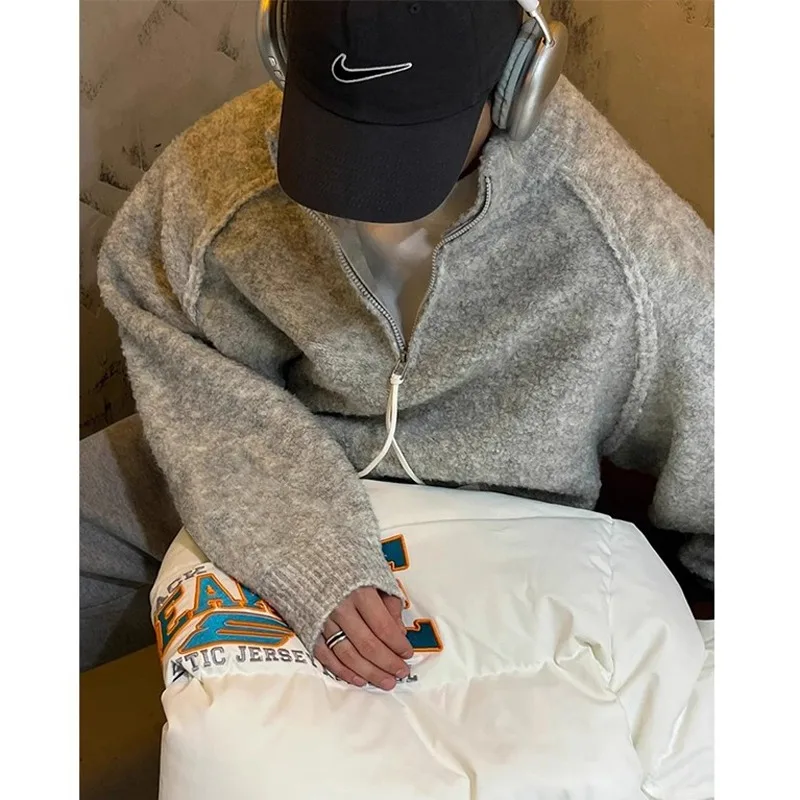 

Осенне-зимний мужской кардиган большого размера (8 кг), свободного кроя, на молнии, вязаный, из шерстяной пряжи, с длинными рукавами и воротником-стойкой