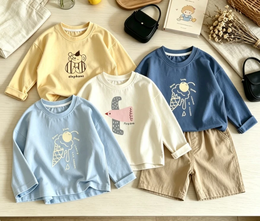 Infant Sweet Cartoon Elephant Ice Cream Bird Long Sleeve Tee Baby Kid Light Cotton Crew Neck Top Children Daily Autumn Wear Tees