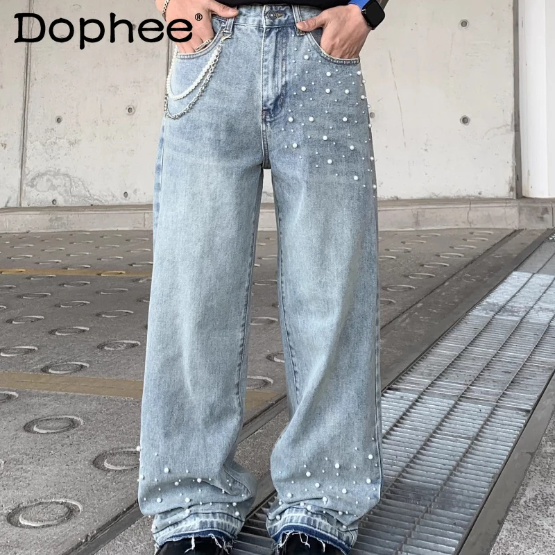

American Style High Street Pearl Jeans Men's 2025 Summer New Starry Sky Beaded Hot Beads Loose Straight Handsome Wide-leg Pants