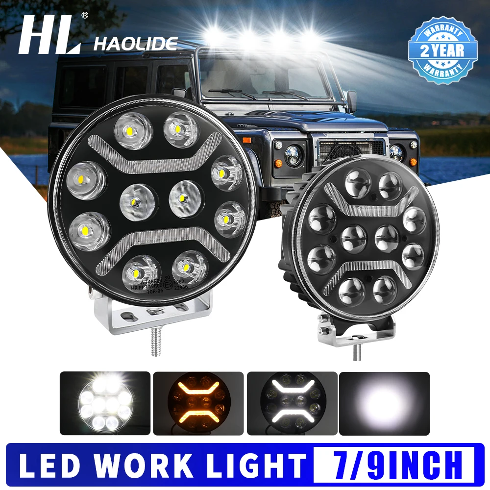 

HL 7 " 9" Round Off Road Light LED Driving Truck LED Work Spotlight White Headlight Flash with Turn signal light Yellow 12-24V