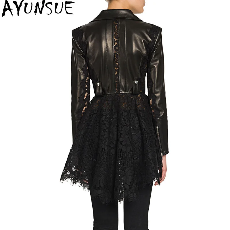 AYUNSUE 정품 양피 진짜 가죽 자켓 여성 2025 Motocycle 자켓 슬림 맞는 봄 가을 여성 의류 레이스 스플 라이스