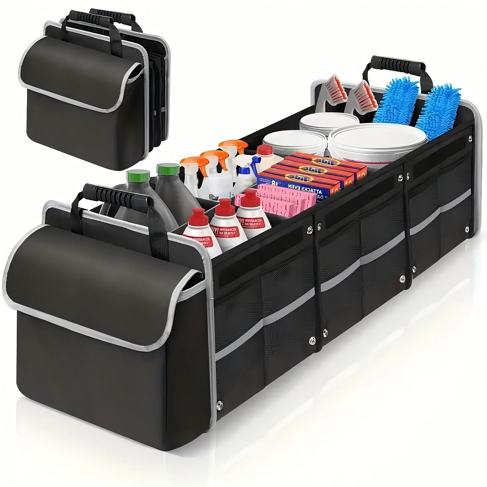 

Car Trunk Organizer, Heavy Duty Foldable Storage Organizer, Collapsible Bag Cooler Bag with Lid, 3 Compartments & Straps, Insulated Leakproof Car Cargo Trunk Organizer for Car Truck JUYHGV