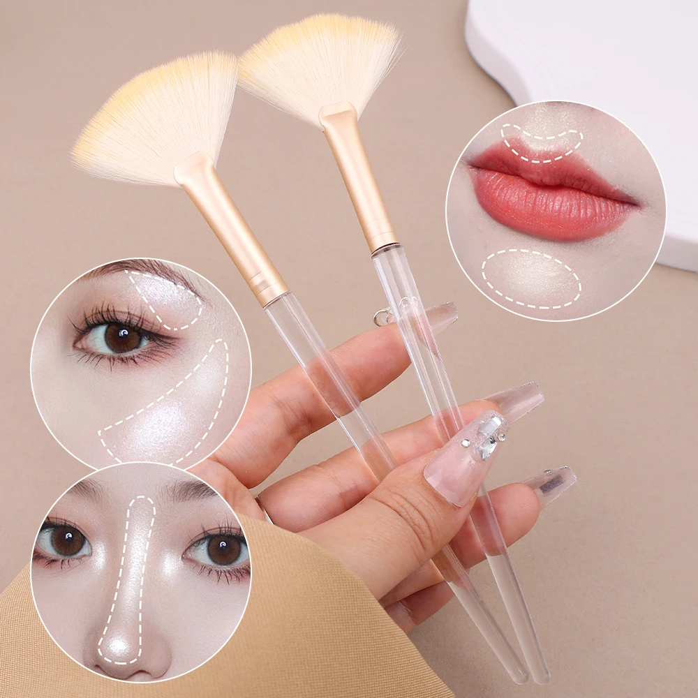 Professional Powder Blush Brush Transparent Rod Fan -shaped Residual Brushes Soft Hair Highlighter Face Beauty Make Up Tools