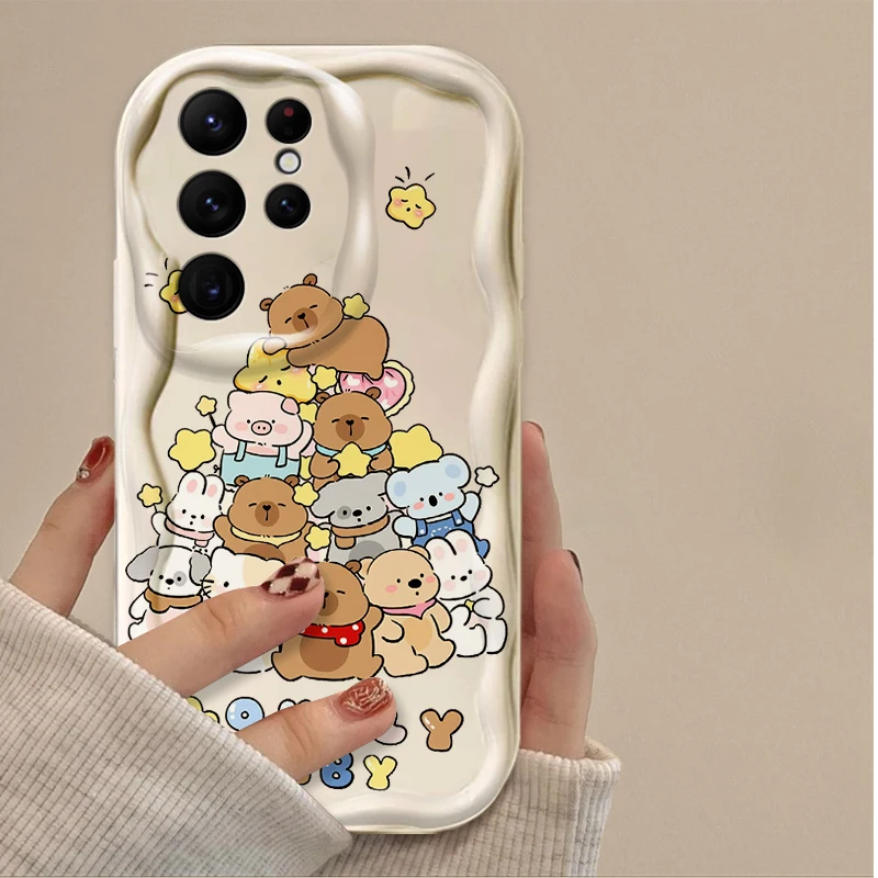 Cartoon Lovely Capybara 3D Wave Phone Case for Samsung Galaxy S25 S24 Ultra S23 S22 S21 S20 Plus FE A56 A36 A26 Shockproof Cover