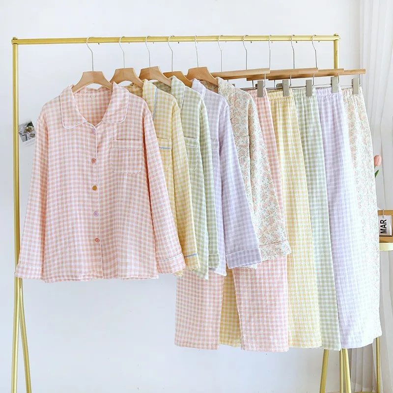 100%cotton Plaid Pajamas Set Women 2 Pcs Chemise Homewear Long Sleeves Lapel Shirt&pants Loungewear Suit Cute Casual Sleepwear