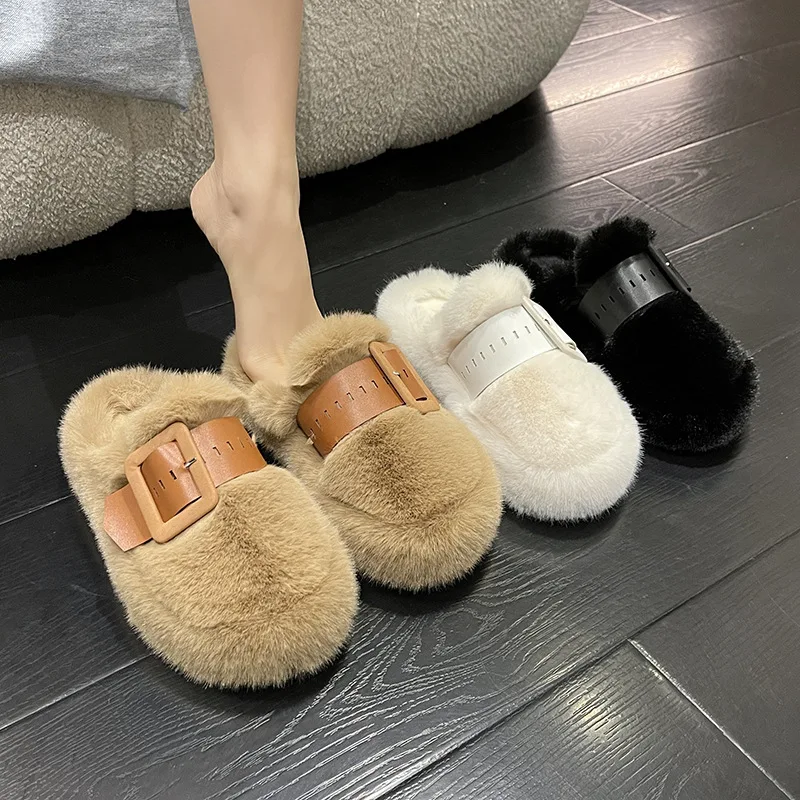 

2025 Autumn Winter New Belt Buckle Plush Slippers for Women Chunky Platform Mules Outdoor Indoor Fuzzy High-End House Shoes