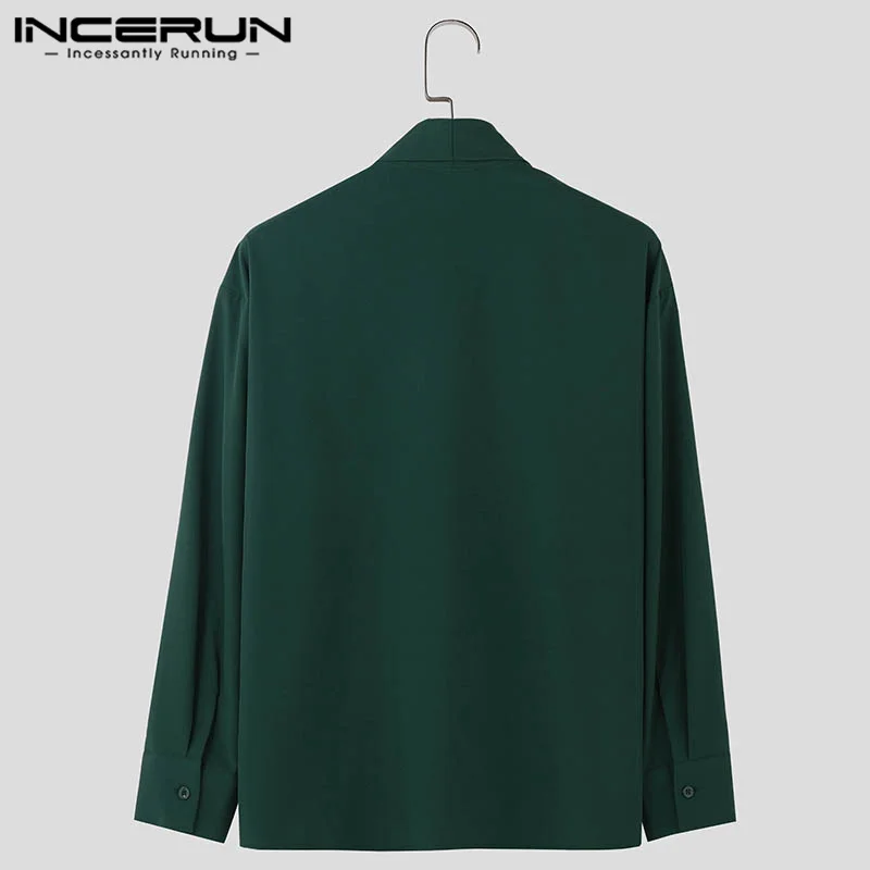 INCERUN Men Shirt Solid Color Turtleneck Long Sleeve Button Lace Up Men Clothing Streetwear Loose Korean Fashion Casual Shirts