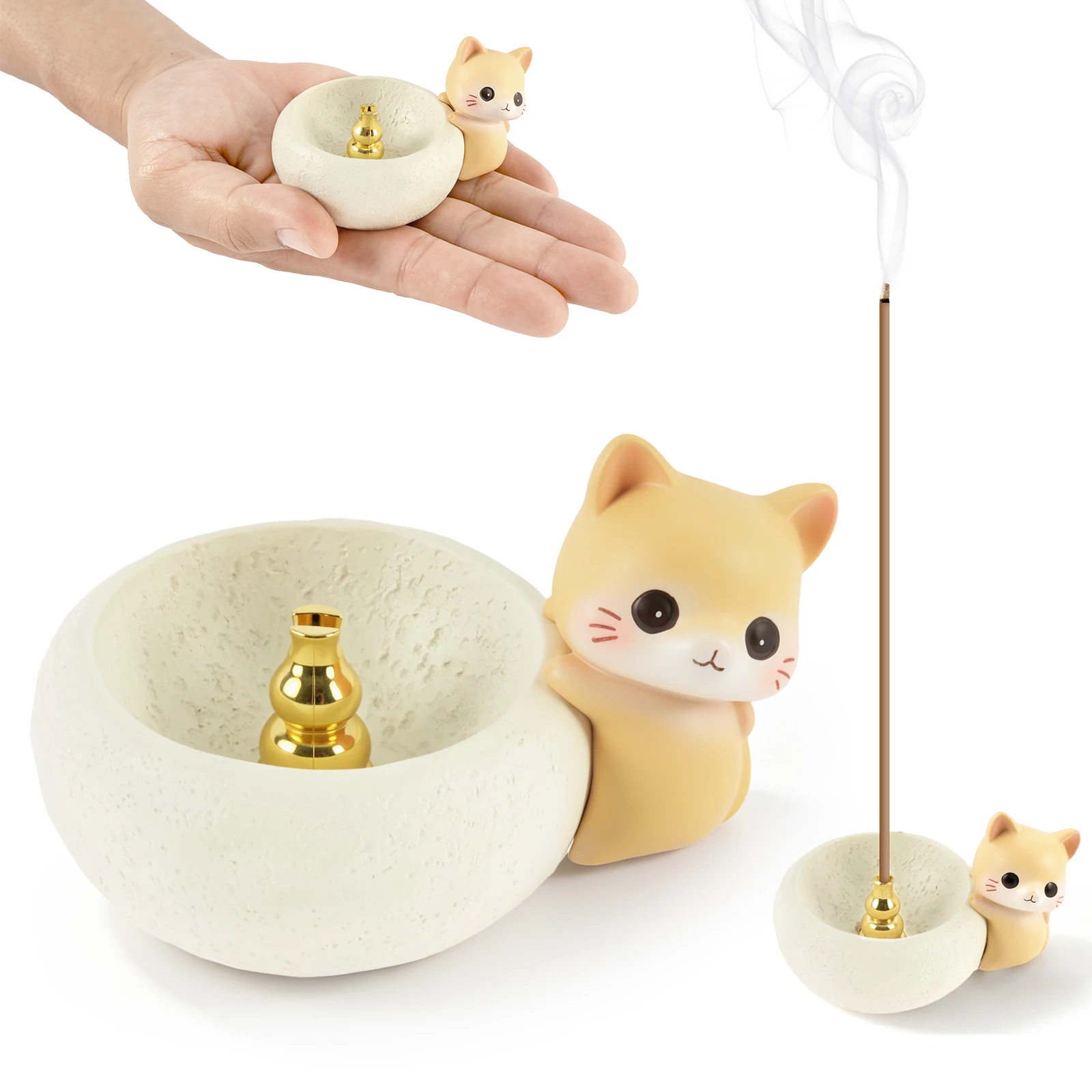 Adorable Cat Shaped Incense Holder Built In Ash Catching Tray Resin Kitten Style Incense Burner Stick Incense Support for Desk