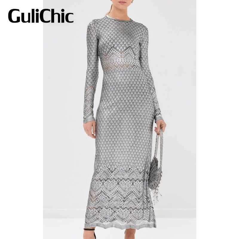 10.31 GuliChic 2024 New Fashion Metallic Hollow Out Crochet Hook Knit Long Dress For Women High Quality Long Sleeve Slim Dresses