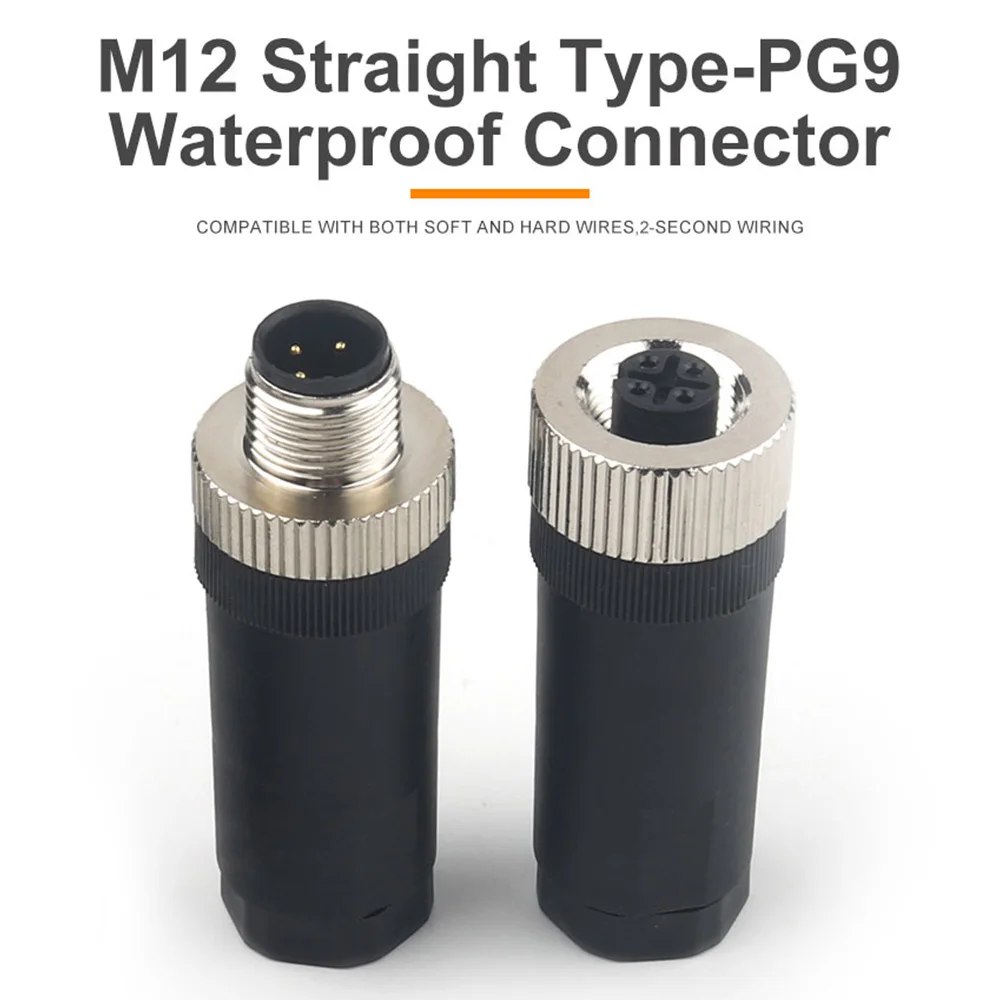 M12-PG9 Waterproof Sensor Aviation Connector Straight Type Male & Female Plug Socket Hole Screw Threaded Coupling 3/4/5/8 Pin