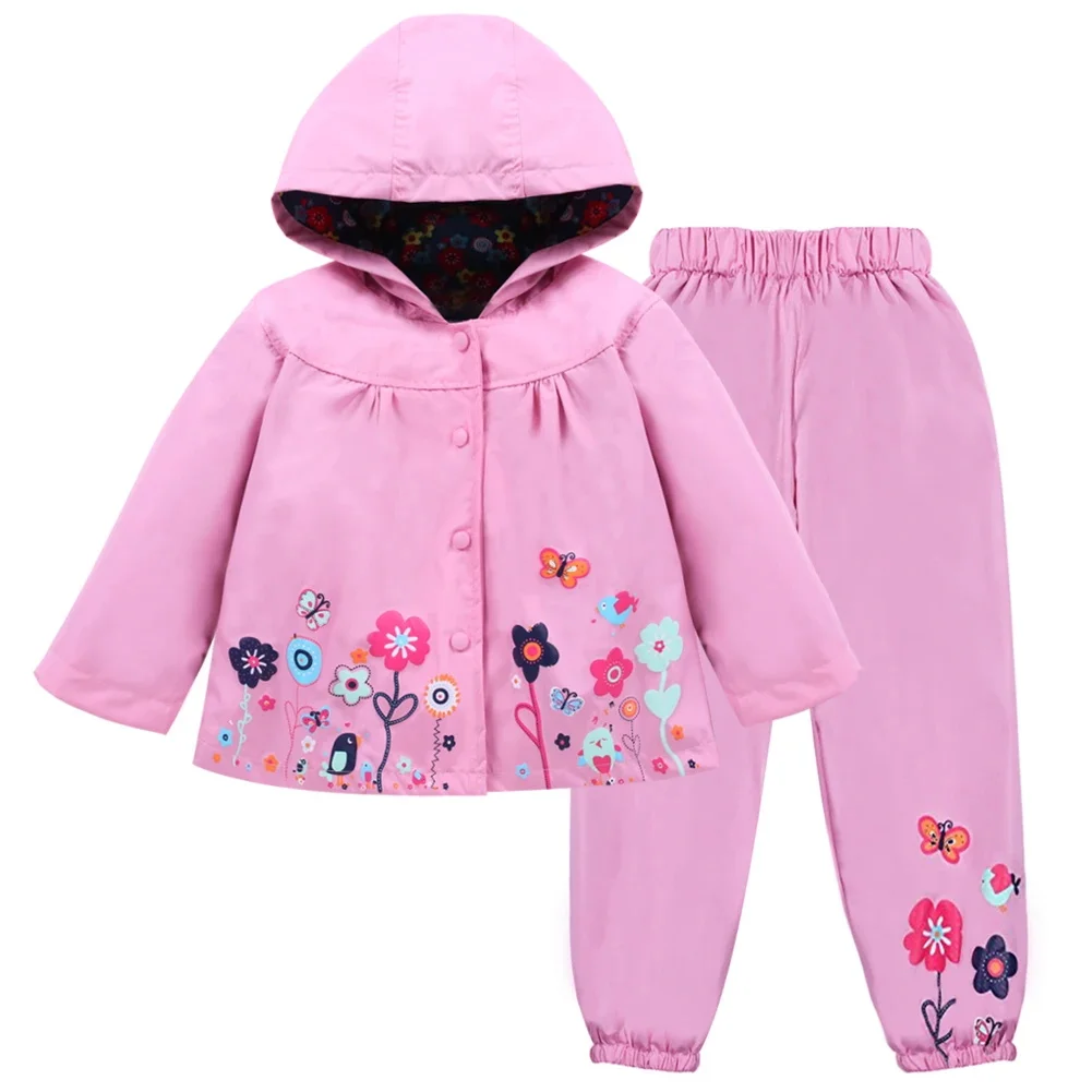 Autumn Spring Raincoat Children Long Sleeve Flower Waterproof Jacket Coat With Pants For Toddler Casual Clothing Tracksuits