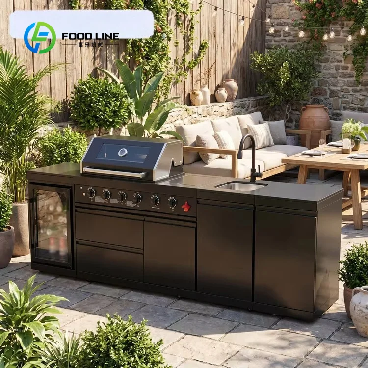 Durable 304 Stainless Steel Black Modular Outdoor Kitchen Island Custom Mobile Gas Grill for All-Weather Patio Cooking