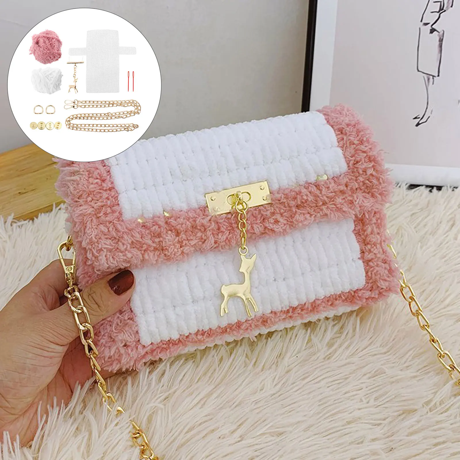 

1 set 1 Set Diy Knitting Purse Material Kit With Deer Pendant Handmade Woven Bag For Phone Storage Purse Making Kit