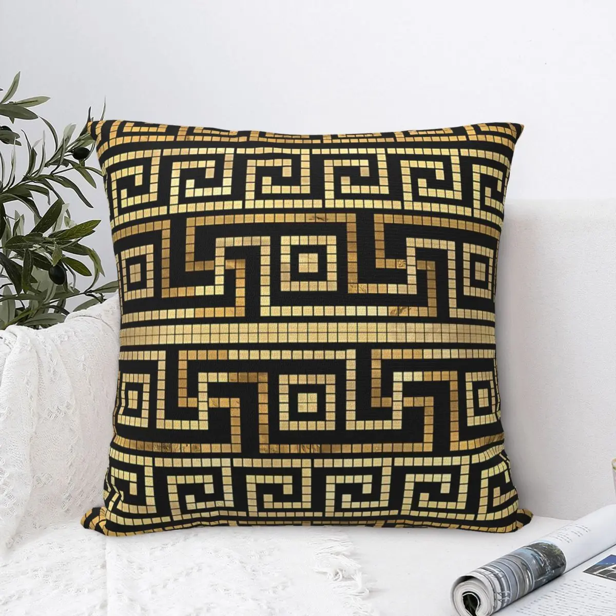 Mosaic Black And Gold Hug Pillowcase Greek Key Ornament Meander Backpack Cojines Garden Printed Office Coussin Covers Decorative