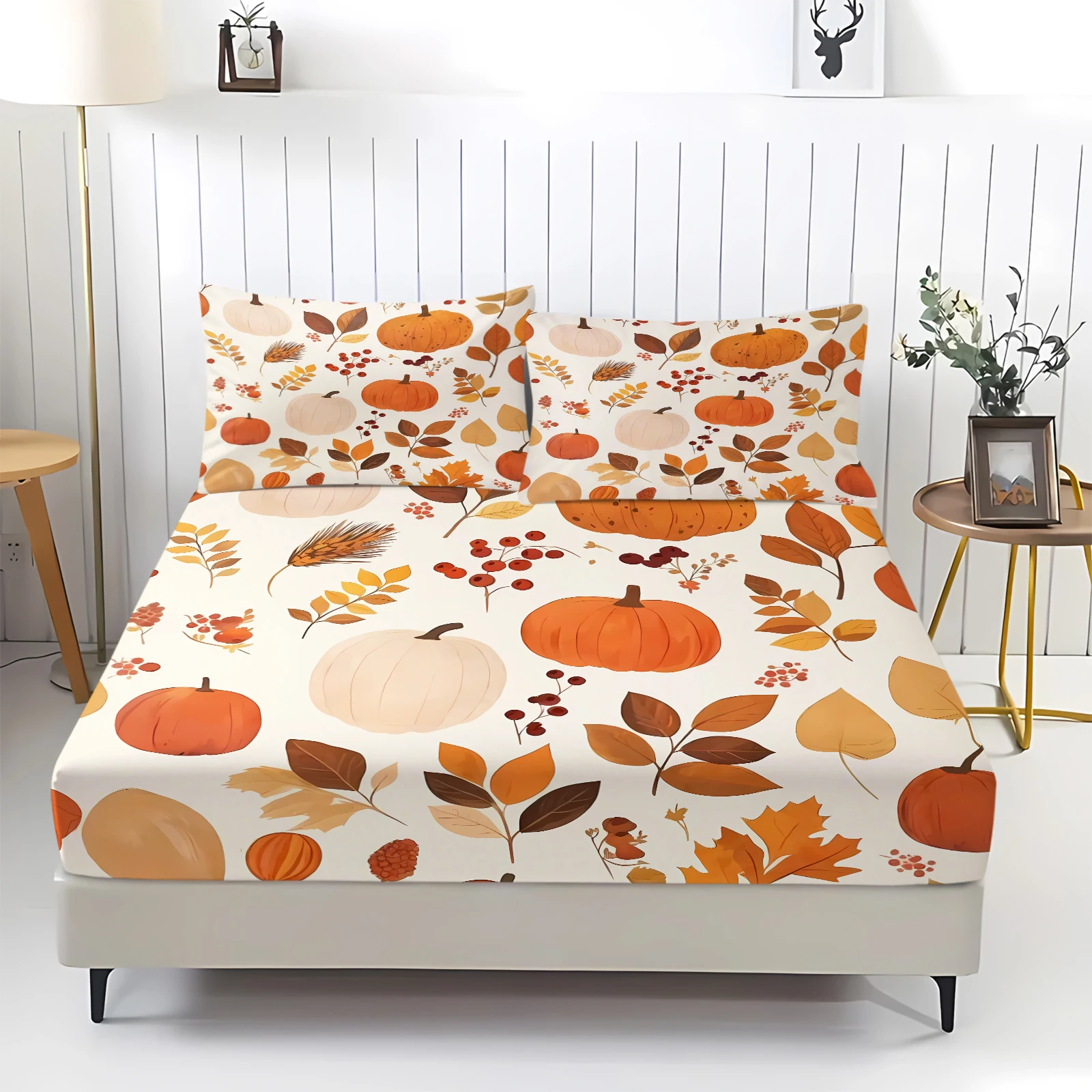 Fall Pumpkin Leaves Printed Fitted Sheet Set Harvest Season Bedding Cover Soft Bed Sheet with Pillowcases Autumn Home Decoration