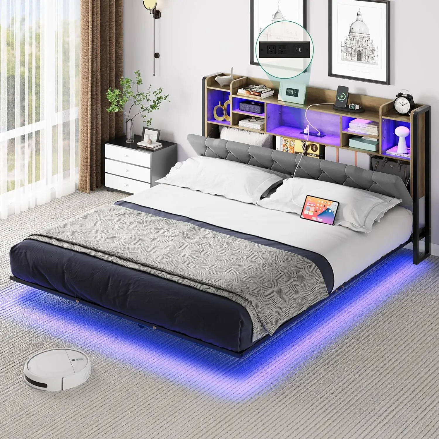 King Floating Bed Frame, Upholstered Platform Bed w/ RGB LED Lights, Headboard Storage, & Charging Station, No Box Spring Needed