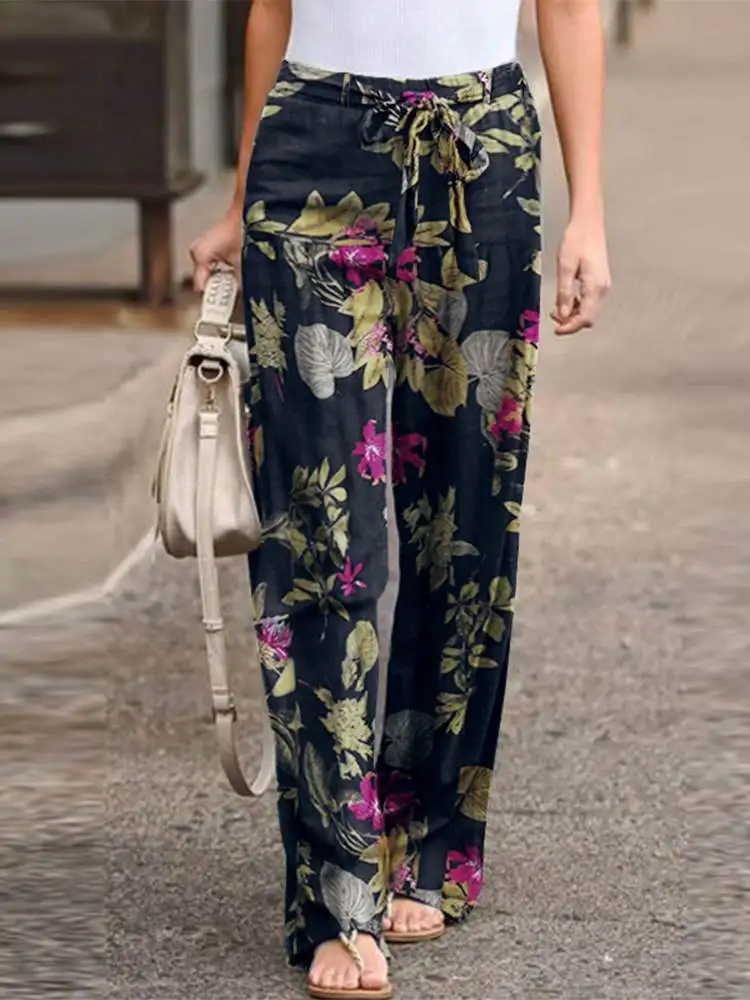 ZANZEA Summer Bohemian Floral Printed Trousers Women Casual Loose Harem Pants Vintage Elastic Waist Long Palazzo Oversize Pants