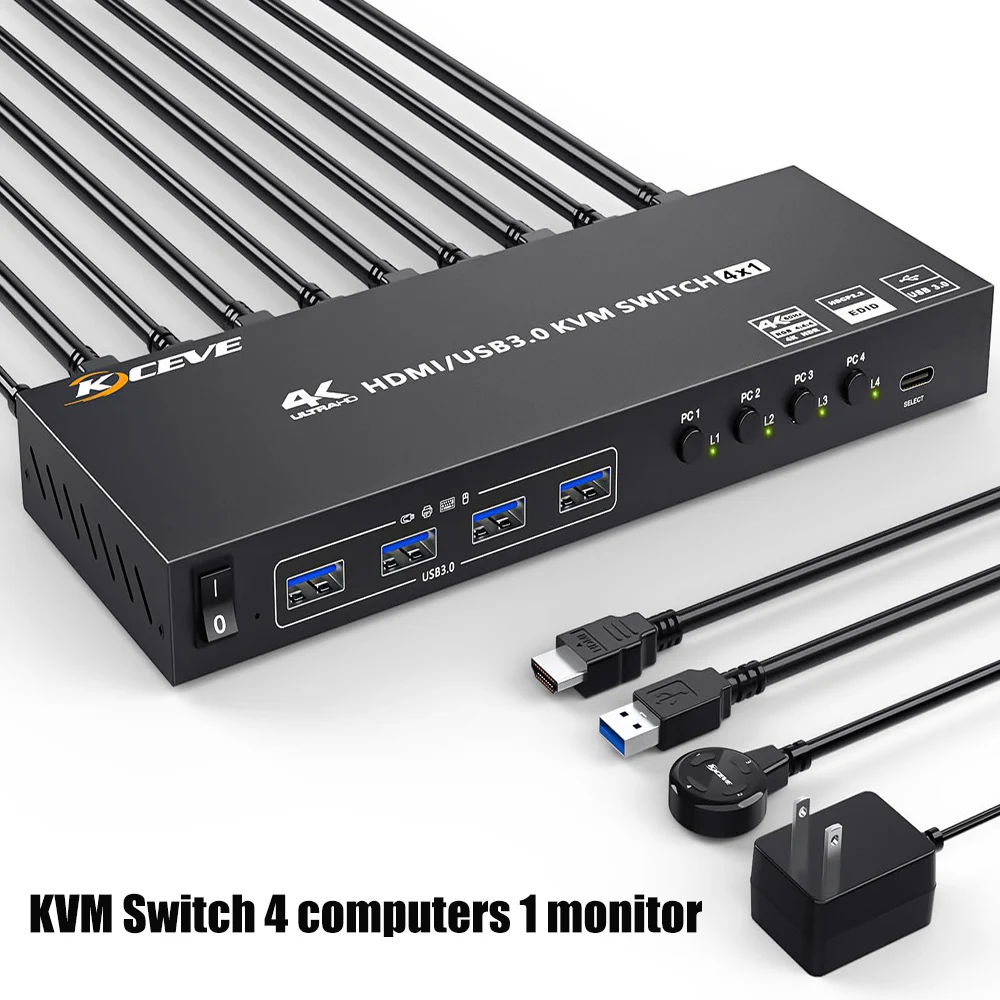 

HDMI 4 Port USB 3.0 KVM Switch,Support 4K@60Hz 2K@120Hz Simulation EDID,for 4 Computers Share 1 Monitor and 4 USB 3.0 Port