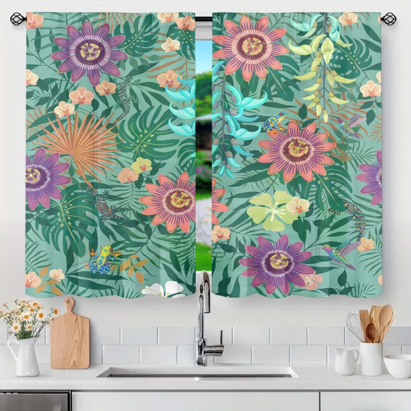 Tropical Floral Botanical Curtains Window Curtain Panels for Kitchen Bathroom Window Decor Privacy Shade 50% Translucent Light F