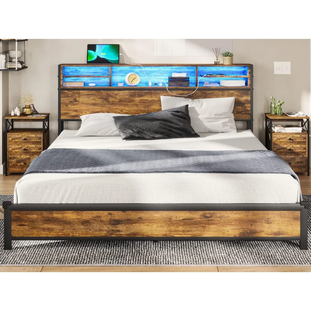 King Size Bed Frame with LED Lights Headboard, Metal Platform Bed with Outlets and USB Ports, LED Bed Frame with