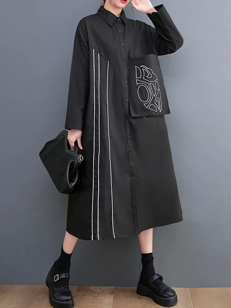 XITAO Print Patchwork Casual Dress Full Sleeve Loose Simplicity Turn Down Collar Single Breasted Women New Dress DMJ2292