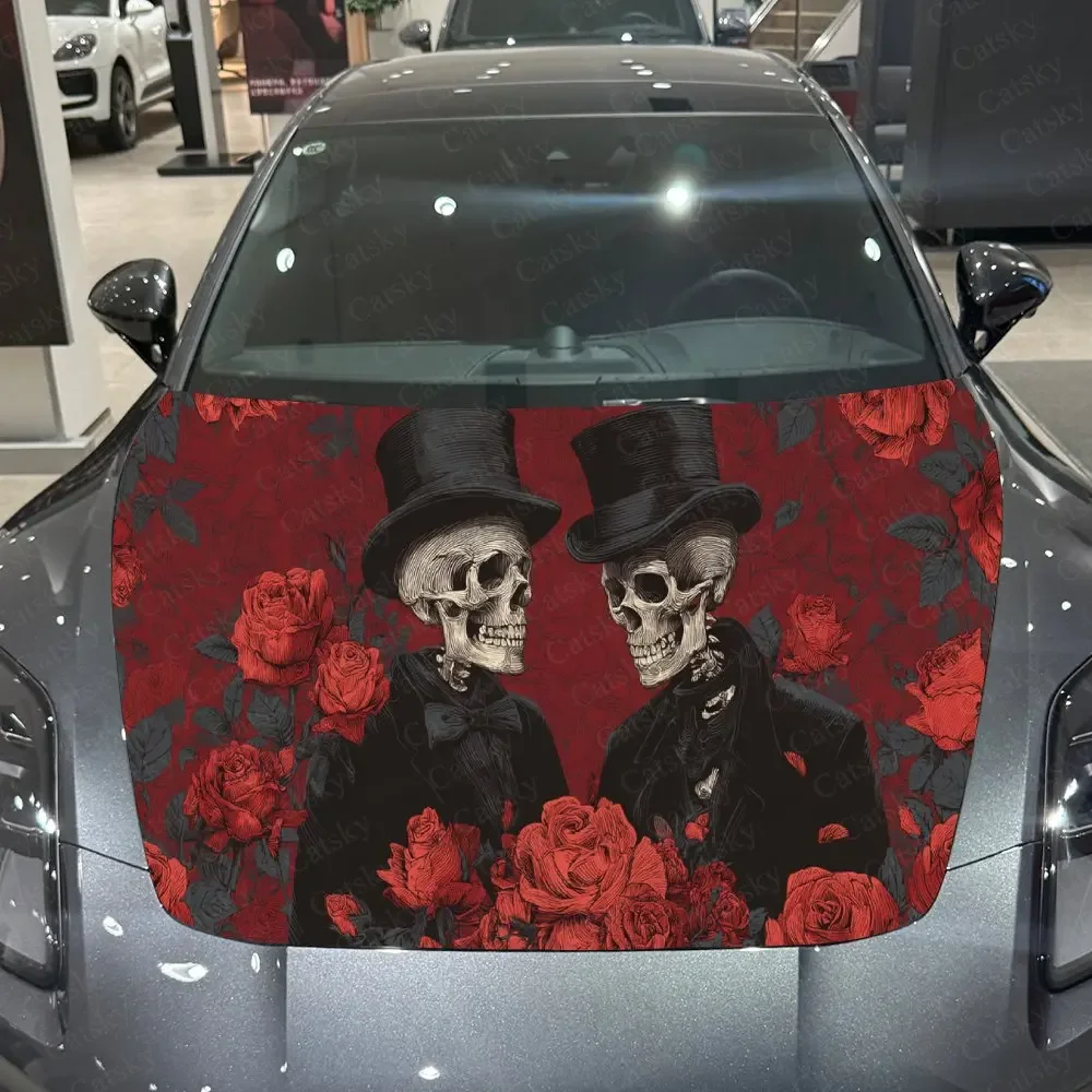Red Rose Dapper Skeleton Graphic Car Hood Sticker,Waterproof Self-Adhesive Vinyl Graphics Decals,Decor Auto Accessories Stickers