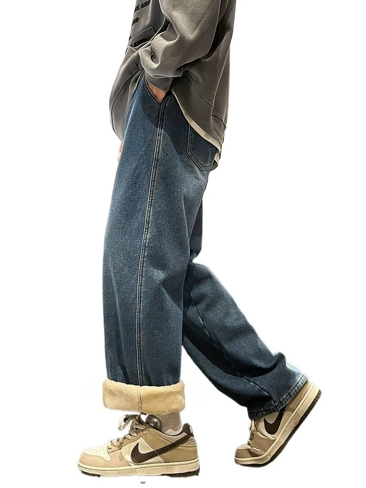 

Мужские зимние джинсы на флисовой подкладке, толстые теплые джинсовые брюки с начесом, прямые утепленные брюки в корейском стиле, размер M-3XL