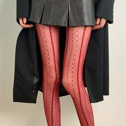 Women Sexy Costumes Red Chain Striped Tights Retro Hollow Out Design Sense Lace Vertical Stripe Jacquard Mesh Fishnet Pantyhose