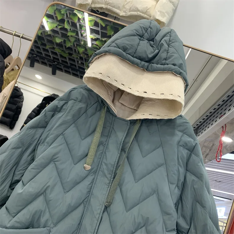 Autumn Winter Warm Knitted Patchwork Hooded Coat Women Thicken White Duck Down Jacket Parka Female Bigsize Long Puffer Outwears