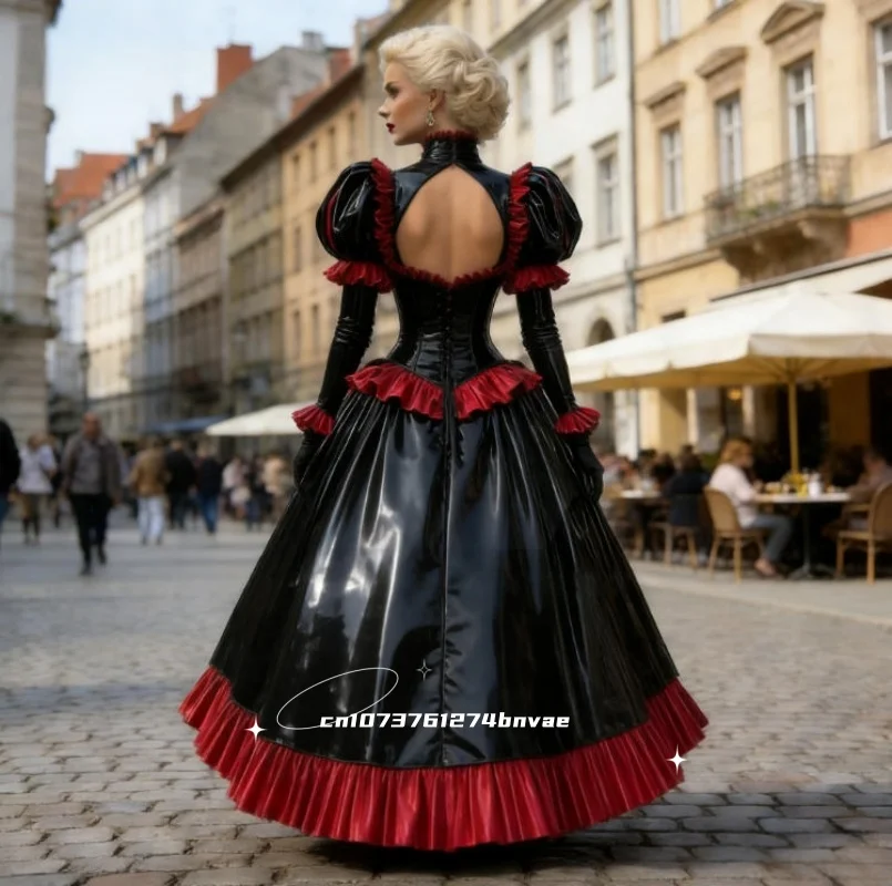 Vintage Victorian Maid Prom Dress High Low Shiny Red And Black PVC Evening Gowns Puff Sleeves Cosplay Party Costume Customized