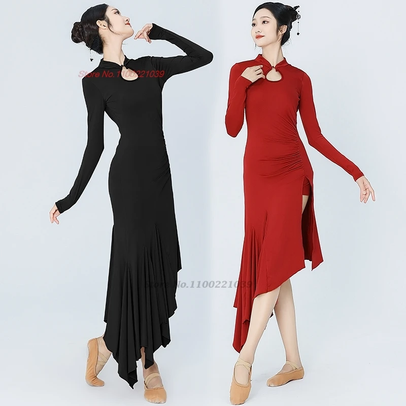 

2025 chinese vintage cheongsam traditional training exercise practice folk qipao dance dress stage performance dance dress qipao