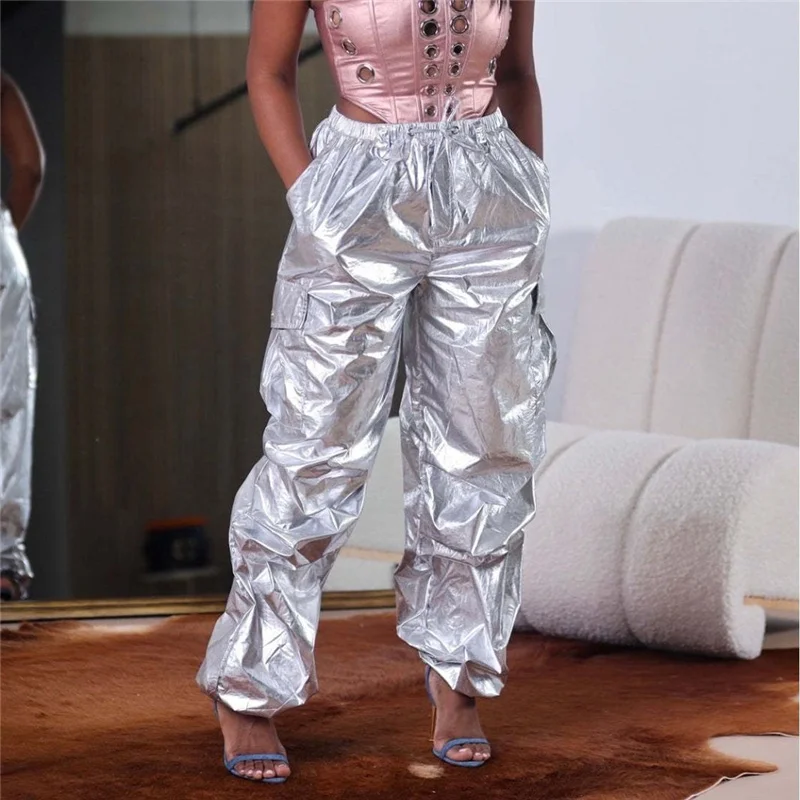 

High Quality Shiny Wide Leg Loose Pants Women Drawstring Pocket Baggy Trousers Joggers Bandage Glitter Hip Hop Streetwear SC075