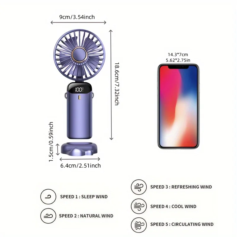 Портативный USB-вентилятор со светодиодным дисплеем, бесшумный складной мини-вентилятор 5 скоростей для студенческих колясок и путешествий, идеально