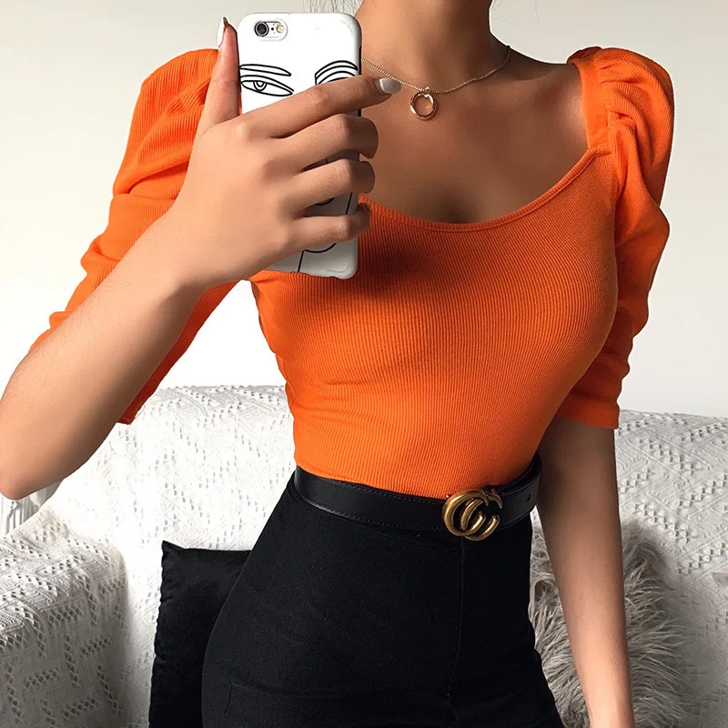 European and American clothing spring new women\'s clothing simple square neck puff sleeve tops women\'s short sleeves