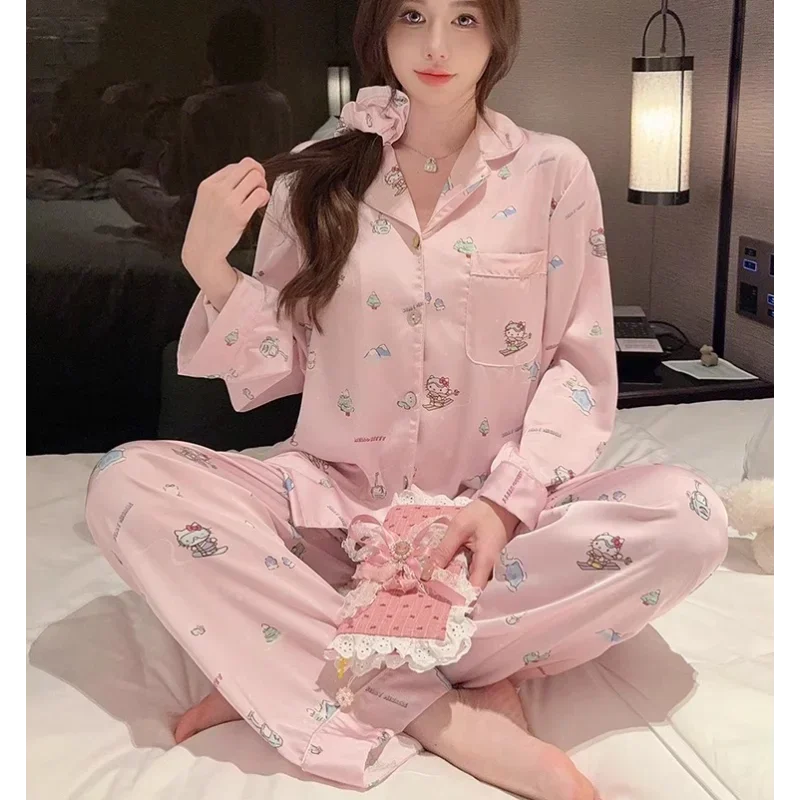 Sanrio Hello Kitty Silk Pajamas Women\'s Autumn Ice Silk Cartoon Two-piece Set Casual Women\'s Pajamas Homewear Pajamas Pants Set