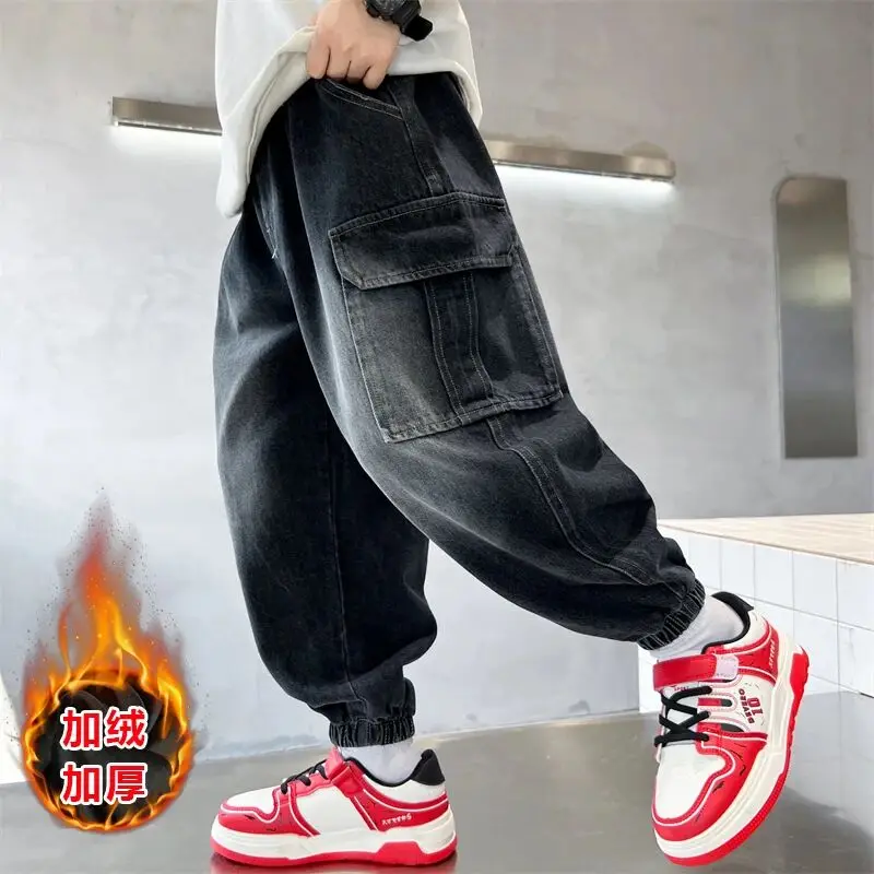 

Teenage Boys' Pants Warm Autumn and Winter New Collection Children's Thick and Velvet Pocket Jeans 4 6 8 10 12 15Y